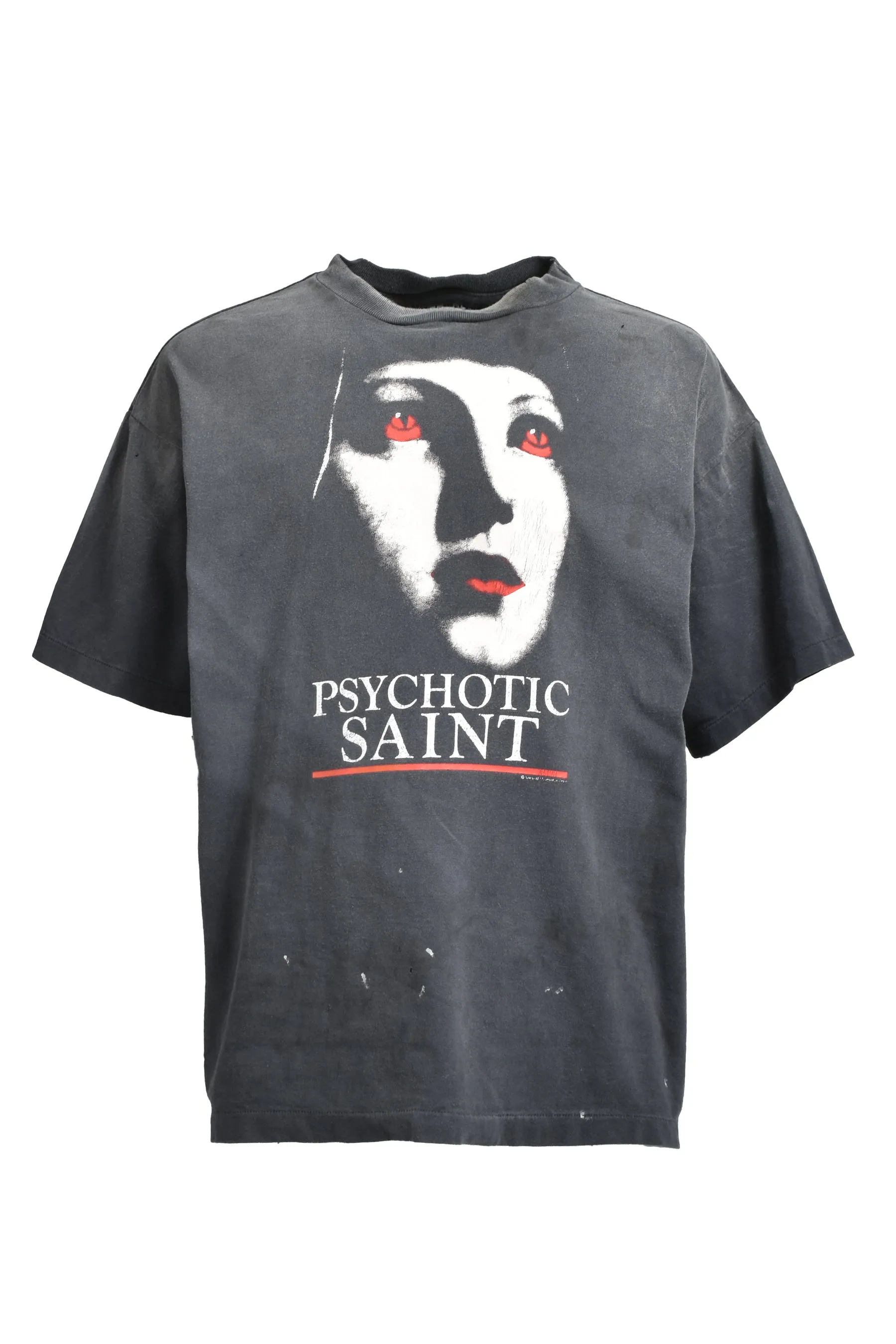 SAINT Mxxxxxx SS TEE/PSYCHOTIC SNT/BLK Gothic heavy metal rock style retro short-sleeved Mysterious woman's face print distressed TEE Washed black S-XL Same as the original version Cylindrical side seam OE yarn fabric Garment dyeing Faded by heavy washing Bust plaster faded Correct version Matching with the original version Accessories Original level printing restoration